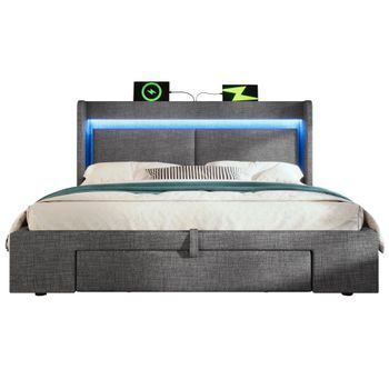 Cama Tapizada, 160x200 Cm, Almacenamiento Hidráulico, Led, Usb, Lino, Gris, Colchón