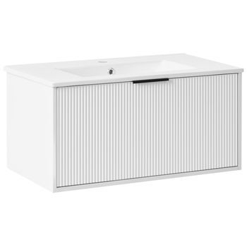 Mueble De Baño Suspendido Con Lavabo De Madera Sintética Almacenaje 80 Cm Blanco Con Tirador Negro Tilcara