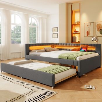 Cama Nido 140x200 Cm + 190x90 Cm Con Cabecero En L - Tejido De Lino - Leds + Puertos Usb Y Tipo C - Gris (colchón No Incluido)