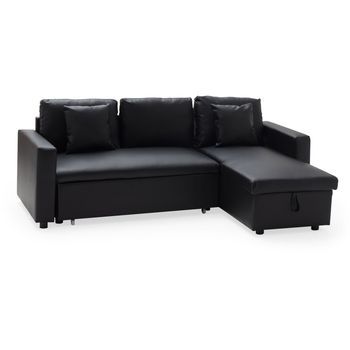 Sofá Chaise Longue Cama 3 Plazas De Polipiel Negro Clark