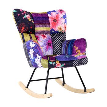Silla Mecedora Tapizado De Terciopelo Patas De Madera Patchwork Multicolor Oulu