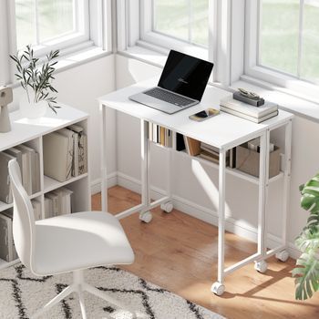 Escritorio Plegable Salvaspacio Blanco, Abatible De 21 A 50 Cm, Con Ruedas Y Estantería