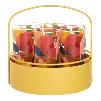 Vasos con estampados de frutas multicolores (x6) sobre un soporte de hierro amarillo claro.
