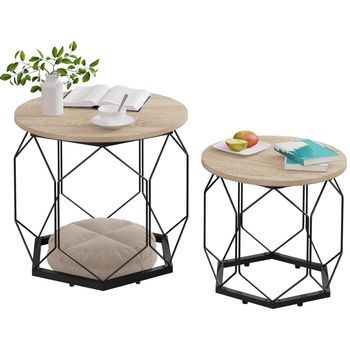 Juego De 2 Mesas De Centro Apilables. Mesa Para Sala De Estar. Estructura Metálica. Estilo Industrial. Roble Claro + Negro.