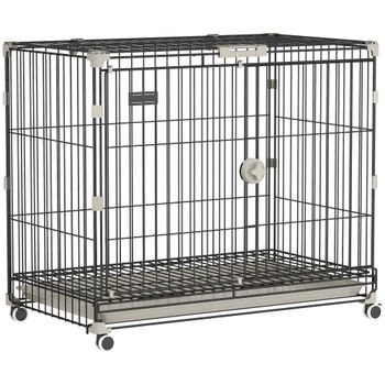 PawHut Jaula para Perros Plegable con Ruedas y Bandeja Extraíble Puerta Deslizante Techo Abatible 75,5x46x64,5 cm Negro