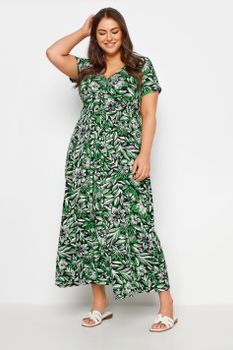 Yours Vestido Negro Largo De Flores Verdes, Mujer Curvy Y Tallas Grandes, Yours