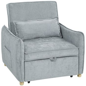 HOMCOM Sillón convertible 1 plaza 3 en 1, sillón-cama clic-clac en chenilla, asiento amplio respaldo ajustable, 88x84x87cm, gris