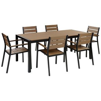 Conjunto De Jardín 6 Plazas De Metal Negro Madera Clara Plástica Mesa Sillas Vernio