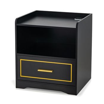 Costway Mesa de Noche LED con Estante Cajón Puerto USB 3 Colores de Luz y Iluminación Ajustable para Dormitorio 45 x 40 x 50 cm