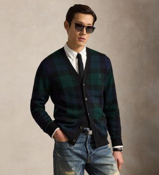Polo Ralph Lauren para hombre. 710B23895001 Cárdigan de lana con cuadros negro (M), Casual, Manga larga