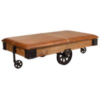 mesa de centro de madera metal y piel marron 165x90x52