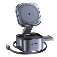 usams cd257 qi20 cargador inalambrico magnetico 3-en-1 de 15w estacion de carga inalambrica rapida con cable retractil