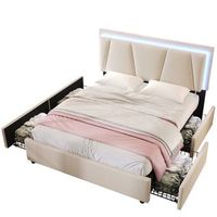 cama contenedor 160 x 200 cm - cuero pu - led - gris  colchon