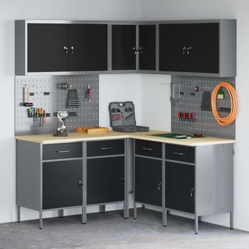 Conjunto De Armarios De Trabajo Con Cajón 12 Uds. Negro Y Gris Vidaxl