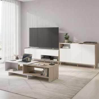 Pack De Salón En Colores Blanco Y Madera Claro (mueble Tv + Aparador + Mesa De Centro Lugo)