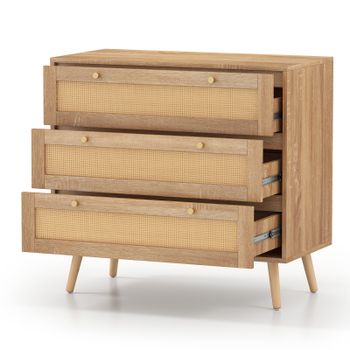 Costway Cómoda de Ratán con 3 Cajones y Patas de Madera de Pino Estilo Bohemio para Dormitorio Sala de Estar o Entrada Natural