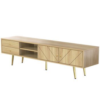 Mueble De Tv De 160 Cm Con Dos Cajones, Puertas Ranuradas Y Patas Doradas