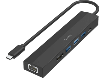 Hub - Hama 00200144, 6 Conexiones, 3x USB-A, 1x USB-C, HDMI, LAN, 5 Gbps, Negro