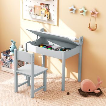 Juego De Mesa Y Silla Infantil Con Almacenamiento Y Soporte Para Rollo De Papel Gris