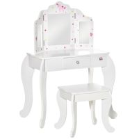 homcom tocador infantil de madera con taburete espejo y cajon rosa