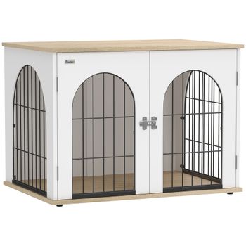 PawHut Jaula para Perro Mueble Jaula Perro Interior Arco con Puerta Doble como Mesa Auxiliar en Metal 80x56x59cm Blanco