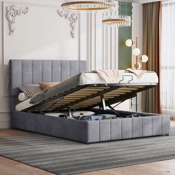 Cama Contenedor Con Cabecero Ajustable - 140 X 200 Cm - Terciopelo - Somier De Láminas - Estilo Escandinavo - Gris