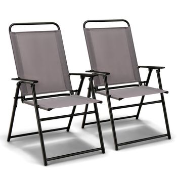 Costway Juego de 2 Sillas Plegables Exterior Silla de Comedor para Patio con Reposabrazos y Respaldo Estructura Triangular para Balcón Jardín Gris