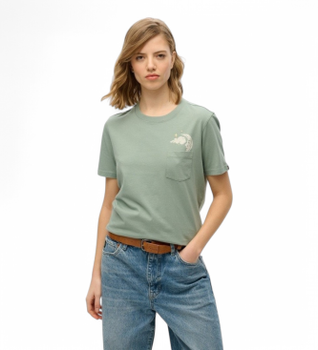 Superdry para mujer. W1011623A Camiseta relajada de lecturas psíquicas verde (M), Casual, Manga corta, Algodón Orgánico, Sostenible