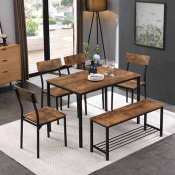 Conjunto De Mesa, Sillas Y Banco - Mueble De Comedor - Mdf Y Acero - Marrón