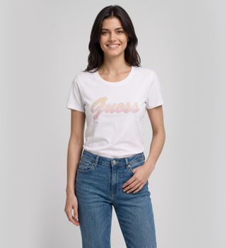 Guess para mujer. W6YI56K5028 Camiseta Logo Lentejuelas Degradé Blanco (XS), Casual, Algodón, Manga corta