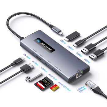BlitzWolf® BW-NEW TH8 Concentrador Tipo-C 10 en 1 con Entrega de Energía PD Type-C de 100W, USB3.0 Type-C 3.0, Ranura pa