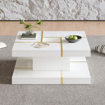 Mesa De Centro Cuadrada De Dos Niveles, Blanca, Con Hueco Central Y Detalles Dorados