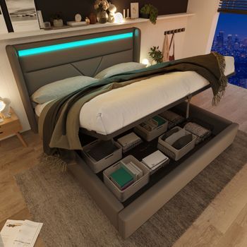 Cama Tapizada De 160x200 Con Almacenamiento Hidráulico, Iluminación Led Y Color Gris Pu.
