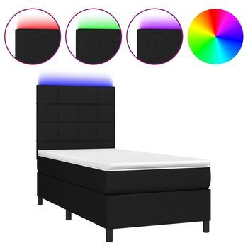 Cama Individual | Cama Para Adultos | Cama Box Spring Colchón Y Luces Led Tela Negro 80x200 Cm