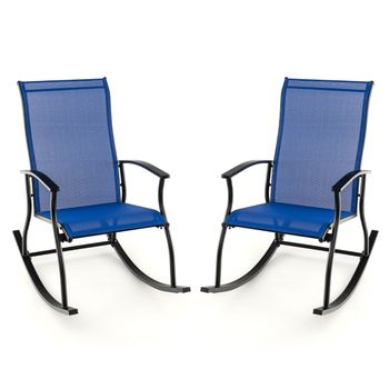 Costway Juego de 2 Piezas Mecedoras con Respaldo Transpirable Diseño de Mecedora y Marco de Metal para Patio y Trasero 102 x 68 x 100 cm Azul