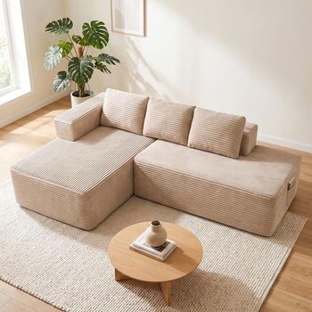 Sofá Esquinero Cama Comhoma 228cm Pana Modular Con Chaiselongue Y Estructura Metálica, Cojines, Bolsillos - Beige