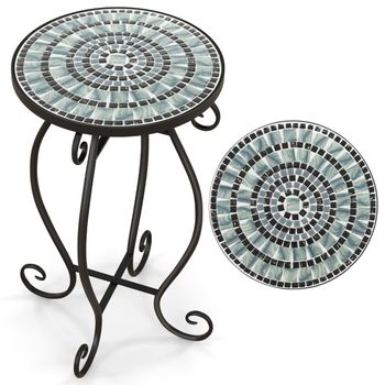Costway Mesa Auxiliar Mosaico Exterior Mesa Redonda con Tablero de Cerámica Soporte para Plantas para Balcón Patio Jardín 30 x 30 x 50 cm Turquesa