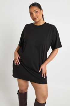 Vestido Camiseta Plus De Algodón Y Manga Corta, Negro