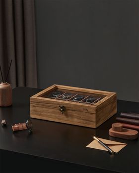 Caja para relojes con 10 compartimentos de madera maciza marrón