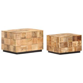 Mesas De Centro 2 Piezas Diseño De Bloque Madera Mango Rugosa