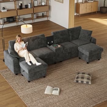 Sofá Esquinero De 4 Plazas Con 2 Reposapiés Con Almacenaje, Portavasos Y Puerto Usb - 315 X 135 X 81 Cm - Pana - Gris