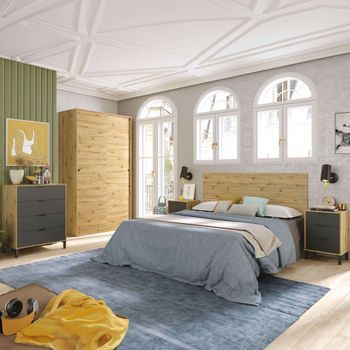 Pack Dormitorio Cabecero 135/150 Cm Con 2 Mesitas + Cómoda+armario Color Roble Nodi Y Gris Antracita
