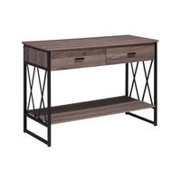 mesa auxiliar de madera gris pardo estructura de metal negro 2 cajones estante tocador industrial ayden