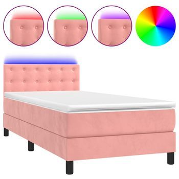 Cama Individual | Cama Para Adultos | Cama Box Spring Colchón Y Led Terciopelo Rosa 90x190 Cm