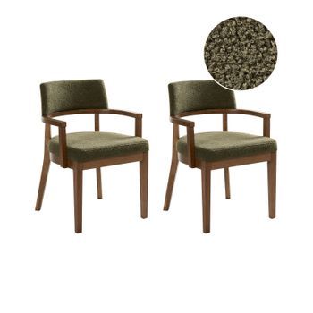 Conjunto De 2 Sillas De Comedor Estilo Tradicional Asiento Tapizado Bouclé Madera Marrón Y Verde Dalbo
