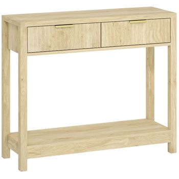 HOMCOM Consola 90 cm, mesa consola estrecha con 2 cajones ranurados y balda, estilo moderno, madera natural   Aosom España