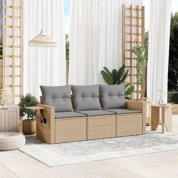 Conjunto De Sofás De Jardín Con Cojines Beige 3 Uds | Mueble Jardin Mesa Y Sillas Ratán Pe Cfw944155