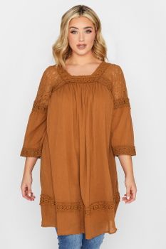 Yours Túnica Terracota De Algodón Con Encaje Y Crochet, Mujer Curvy Y Tallas Grandes, Yours