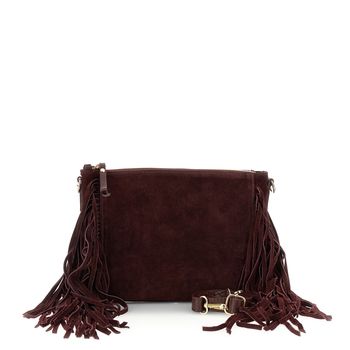 clutch de ante con cremallera, largos flecos laterales y bandolera extraíble wine