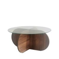 mesa de centro redonda vidrio templado y madera o75cm - madera oscura